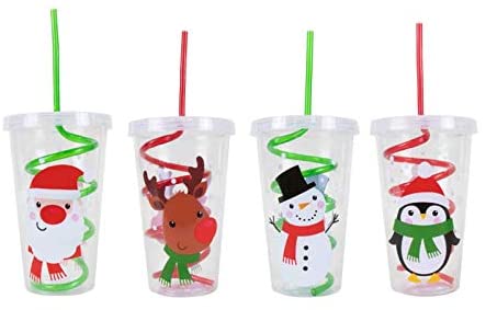 Set of 2 Kids Swirly Straw Cup HERE COMES SANTA! Christmas Cup W